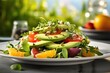 © Justlight - A captivating closeup shot showcasing a vibrant summer salad, composed of crisp mixed greens, juicy orange segments, creamy avocado slices, and an invigorating drizzle of mintinfused citrus