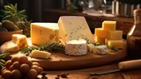 Fototapeta Do akwarium - This image showcases an elegant cheese board, beautifully arranged with a selection of artisanal cheeses, crackers, and honeycomb, with each cheese pairing being gently complemented by a