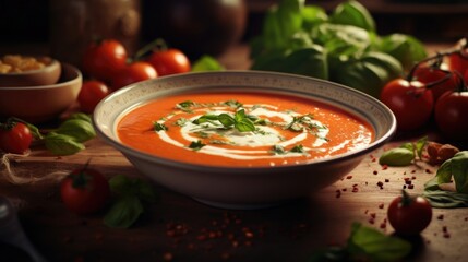 A tempting photograph showcasing a bowl of comforting tomato soup, crafted from ripe, juicy tomatoes, gently simmered with aromatic herbs and es, and garnished with freshly chopped basil