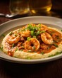 A tantalizing snapshot of a plate of shrimp and grits plump, succulent shrimp bathed in a flavorful and smoky tomato sauce, served over a creamy and velvety bed of stound grits, garnished