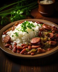 Wall Mural - An aesthetically pleasing shot featuring a plate of hearty red beans and rice with smoked sausage a soulwarming and comforting dish consisting of velvety red kidney beans slowcooked in a