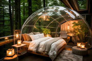 Room under a glass dome in the middle of the forest