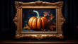 Still life pumpkin painting with antique golden frame. Autumn time. AI generated