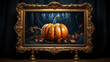 Still life pumpkin painting with antique golden frame. Autumn time. AI generated