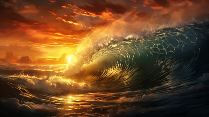 Wall Mural - Big wave in the sea at sunset. AI generated