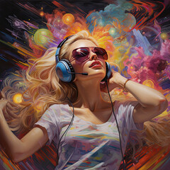Poster - woman listening and dancing to music with headphone melody flow dj club - by generative ai