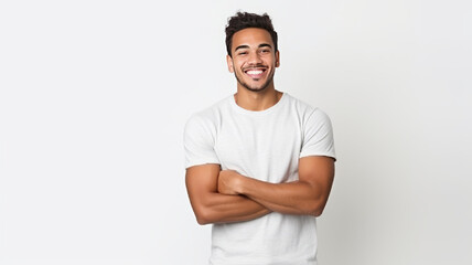 Young Brazilian woman cross arms isolated background looking to the side and smiling