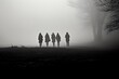 Amidst a thick fog, five silhouettes make their way home after school. One figure lags slightly behind, separated from the group, creating a palpable sense of isolation. 