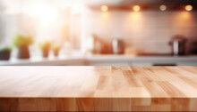 Blurred Abstract Background. Modern Kitchen With Wooden Worktop And Space To Display Or Mount Your Products