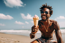 African-American man smiling on the beach, wearing sunglasses, hat and holding an ice cream in his hand. Generative AI