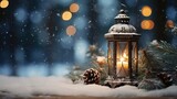 Fototapeta  - Christmas lantern snowy decorations ai generated Christmas background illustration