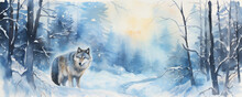 Watercolor Wolf In The Snow In The Forest
