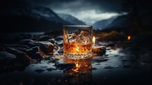 Whiskey Glass Resting On Water, Highland Mountains Background By Dark Weather