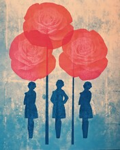 Three Women And Three Flowers In Retro Abstract Colorblock Art Print Style