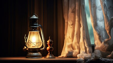 Still life with antique candle lantern and vintage curtain. AI generated