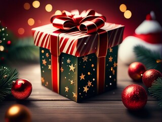 Beautiful Christmas gift boxes with ribbon on floor with perfect x-mas background. Generative ai