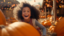 Happy Child Girl With Orange Pumpkins On Farm During Autumn Festival. Ai Generated