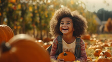 Happy Child Girl With Orange Pumpkins On Farm During Autumn Festival. Ai Generated