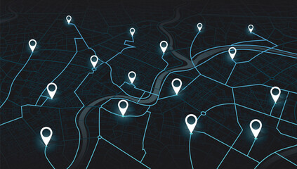 Wall Mural - Abstract Map city. Multiple destinations with location system. Direction markers for navigation to town. Location system. Urban map for travel. Route distance data, path turns. destination tag, Vector