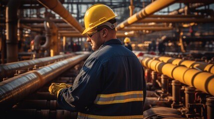 Poster - Engineer working at industrial zone for operate equipment, Steel pipelines and valve, Refinery oil and gas.
