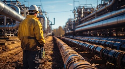 Poster - Engineer working for operate equipment Pipeline LNG oil gas equipment at construction site of a natural gas plant.
