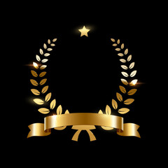realistic gold laurel wreath with golden ribbon and star. premium insignia, traditional victory symb