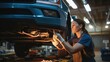 © visoot - Professional woman mechanic repairing a car in auto repair shop.