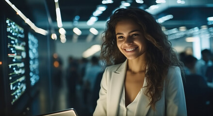 Fototapete - IT Professional Admin woman working in a large computer server farm.