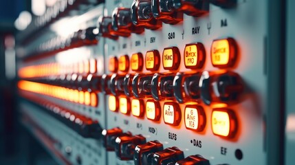 Fototapete - Button control console panel with light lamp of switchboard equipment high voltage at industrial factory.