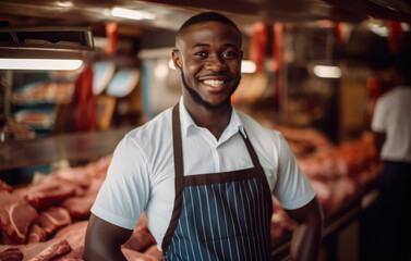 Wall Mural - Portrait of a butcher in butchers shop.