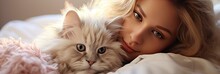Portrait Of Young Boy Holding Cute Siberian Cat With Green Eyes. Male Hugging Her Cute Long Hair Kitty. Background, Copy Space, Close Up. Adorable Domestic Pet Concept , Generative AI