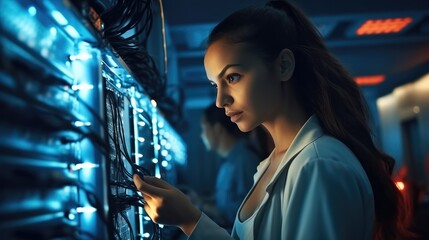 Fototapete - IT engineer female checking servers in big data center.