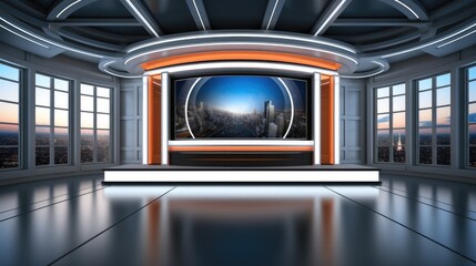 Wall Mural - Television studio, Studio news with a large screen in the middle, Tv news studio.