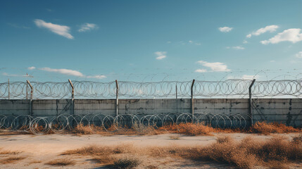 fence with barbed wire on the border between two countries. concept of the problem with migrants. ai generative