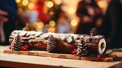 christmas log, traditional christmas cake, buche de noel, chocolate, pastry, decorated with christmas themed elements, family meal anqd tradition, light and christmas tree in the background