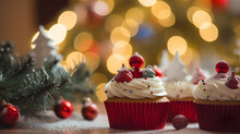 Christmas Cupcakes, With Decorated Frosting, Icing,  Stars, Christmas Tree In The Background, Winter Pastries, Glowing Christmas Lights, Food, Desert, Whipped Cream On Top