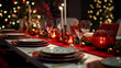 Christmas dinner table, red and green, christmas lights, family moment, xmas decoration, christmas tree and candles, glass of wine, ornaments, stars