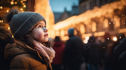 Portrait of a little girl during christmas, winter clothing, looking at christmas tree and ornament, christmas market, during winter holidays, family moment, childhood, decoration and ornament