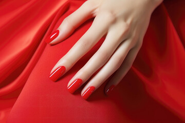 A close-up of a professionally done red manicure