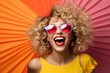 © RamvijayB - potrait of cheerful young woman laughing with sunglasses against colourful background generative ai