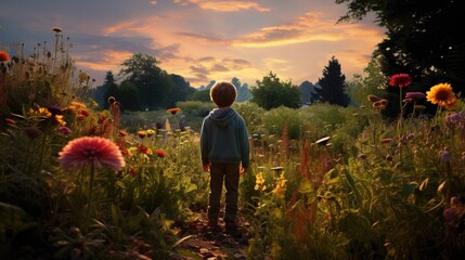 Canvas Print - A little boy standing in a field of flowers at sunset. Generative AI.