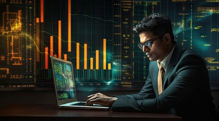 An Indian man in a business suit focusing his eyes on an image of a stock market on the computer screen generative ai