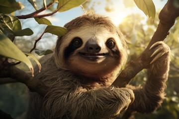 Wall Mural - A grinning sloth hanging from a tree branch, seemingly amused by its own slow movements. Concept of a contented sloth. Generative Ai.