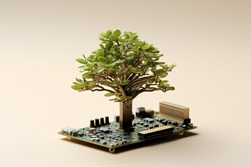  small tree on computer circuit beige background