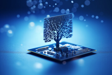 Canvas Print -  small tree on computer circuit blue background