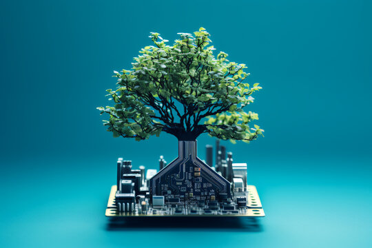  small tree on computer circuit cyan background