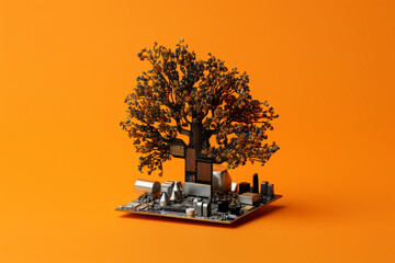 Wall Mural -  small tree on computer circuit orange background