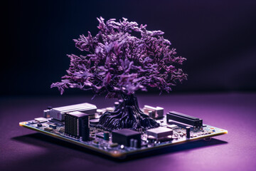 Wall Mural -  small tree on computer circuit purple background
