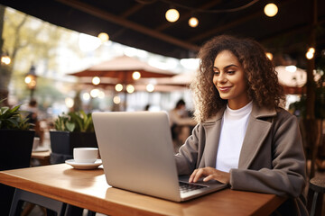 Woman freelancer with curly hair sitting at table working on laptop in cafe. Female digital nomad programming on cafe terrace. Remote work and online learning concept. Copy space