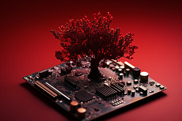 Canvas Print -  small tree on computer circuit red background